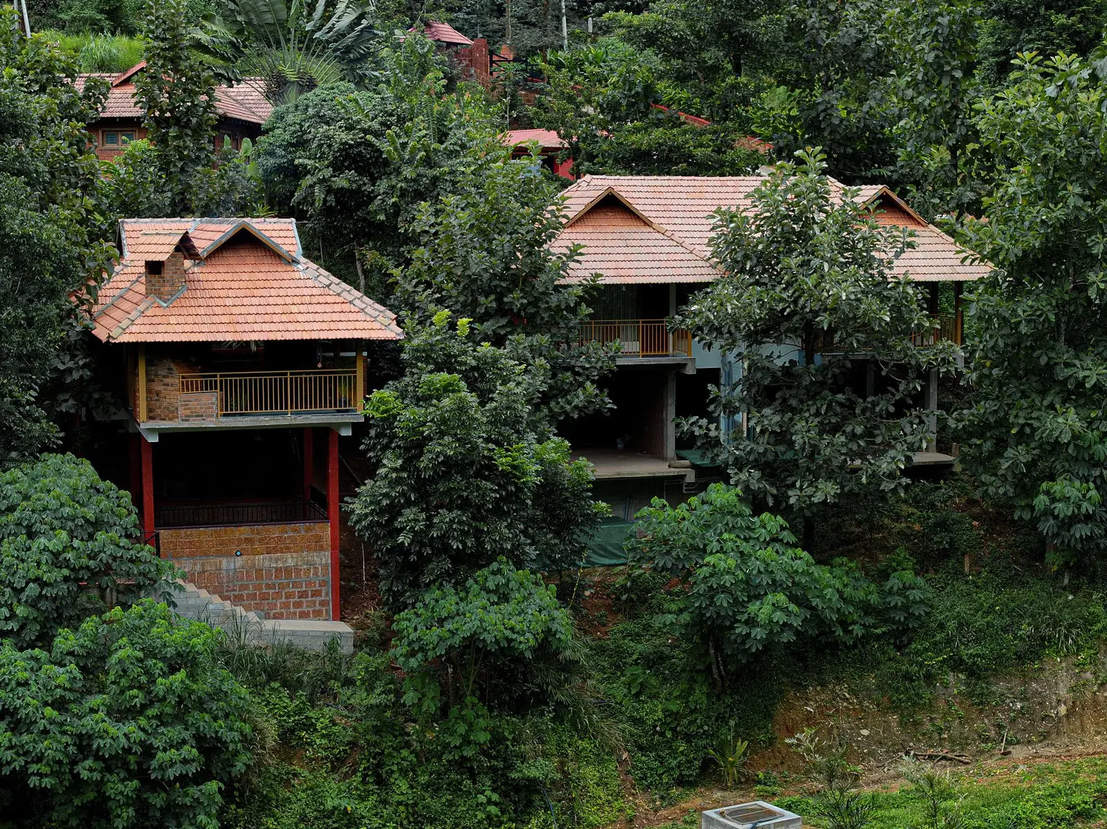 Two clay-tiled cottages raised among trees on a slope of the estate, seen from a drone