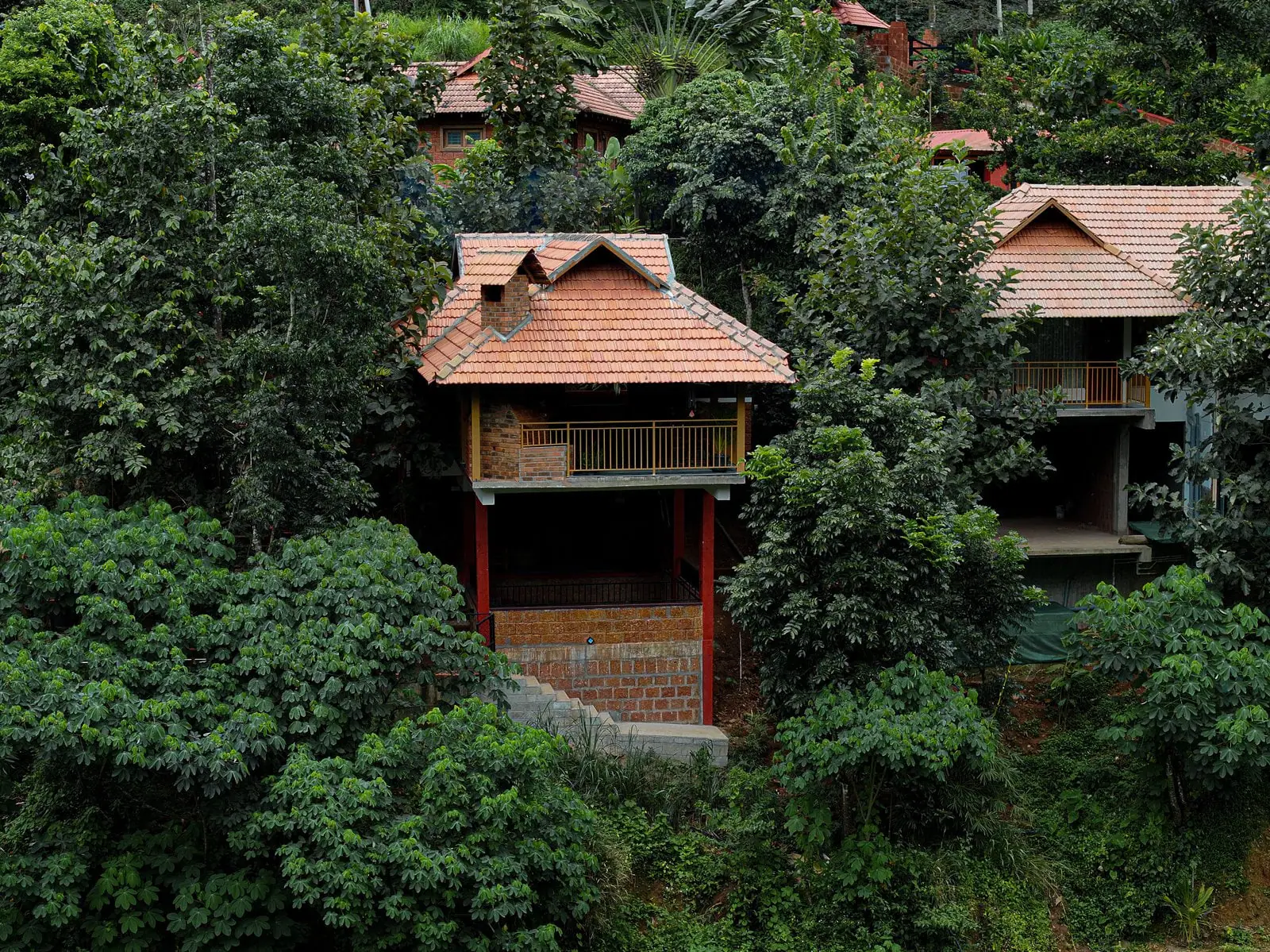 Drone view of a tiled cottage raised on stilts above dense foliage