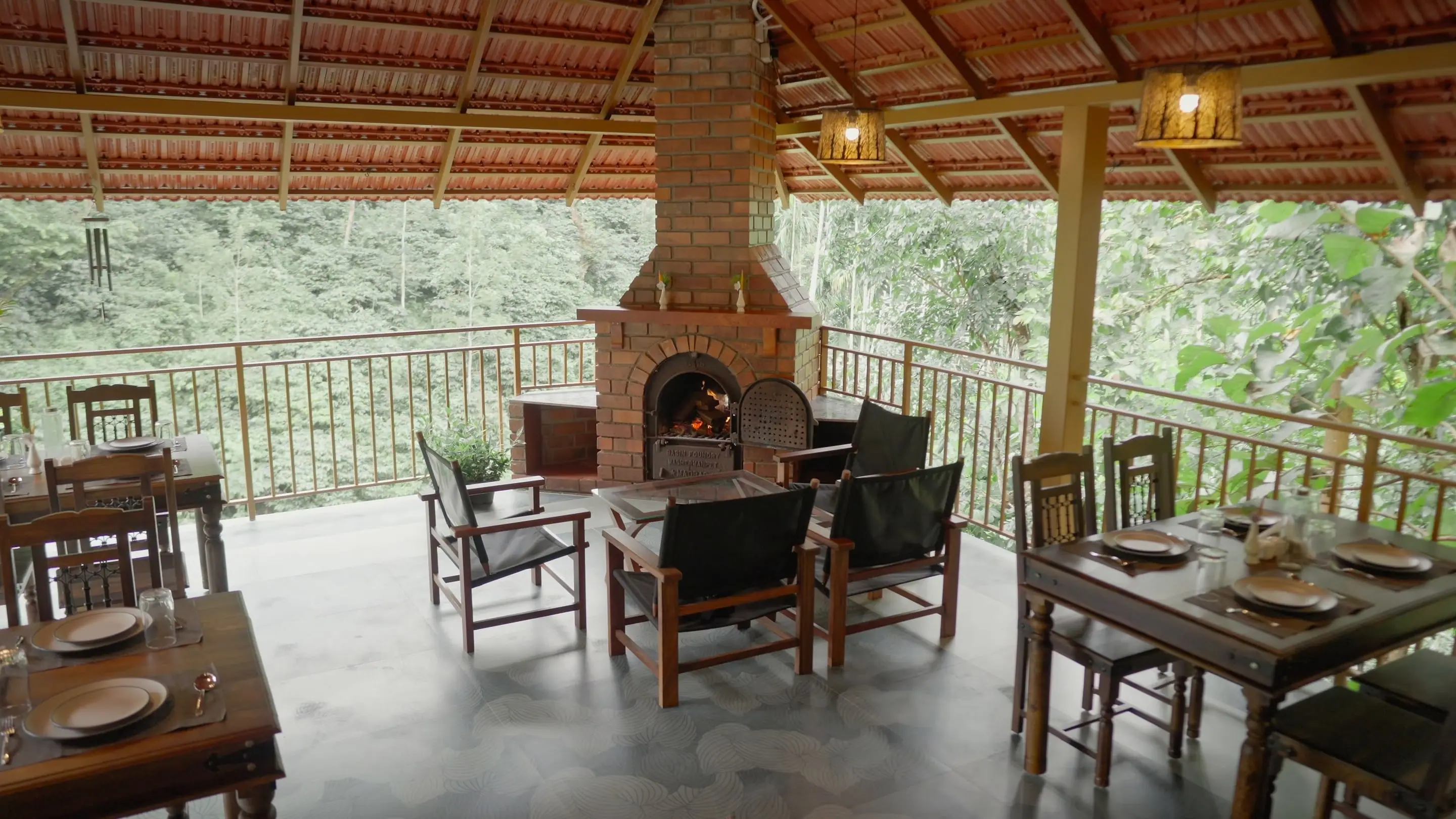 The dining pavilion with its brick fireplace