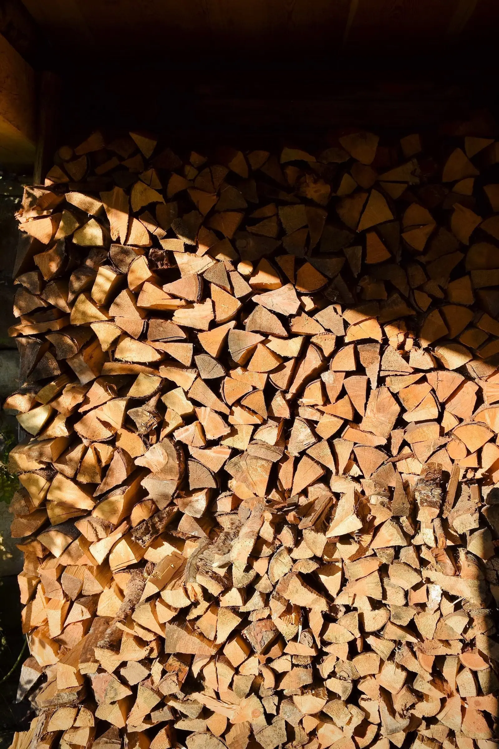 Firewood split and stacked in a neat wall, ready for the evening fires