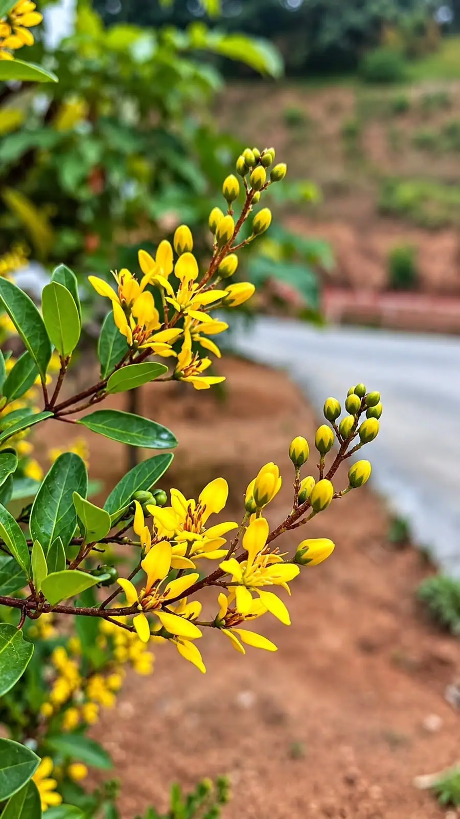 Sprays of small yellow flowers and buds beside a road that curves away behind them
