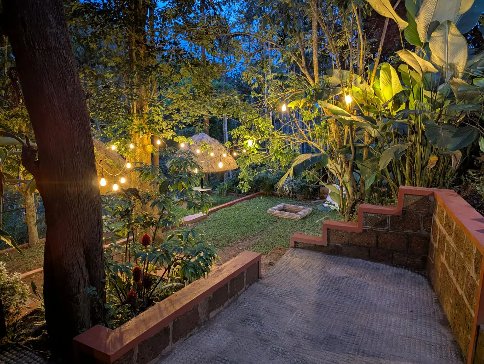 Garden steps and string lights at dusk