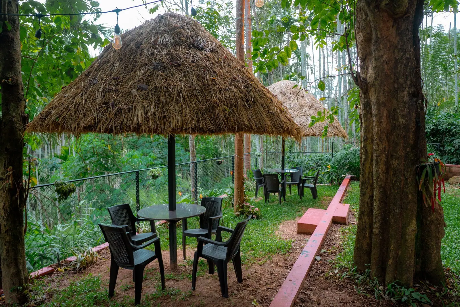 A thatched gazebo with a table and chairs on the lawn
