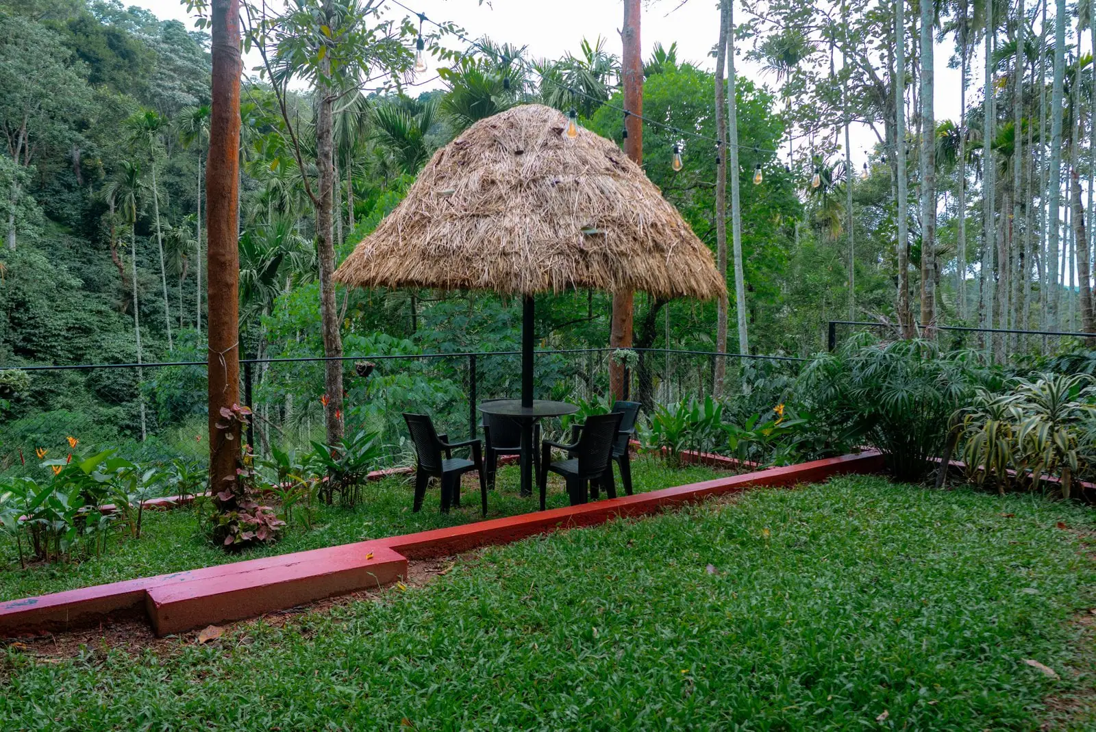 Thatched gazebos on the lawn under tall trees